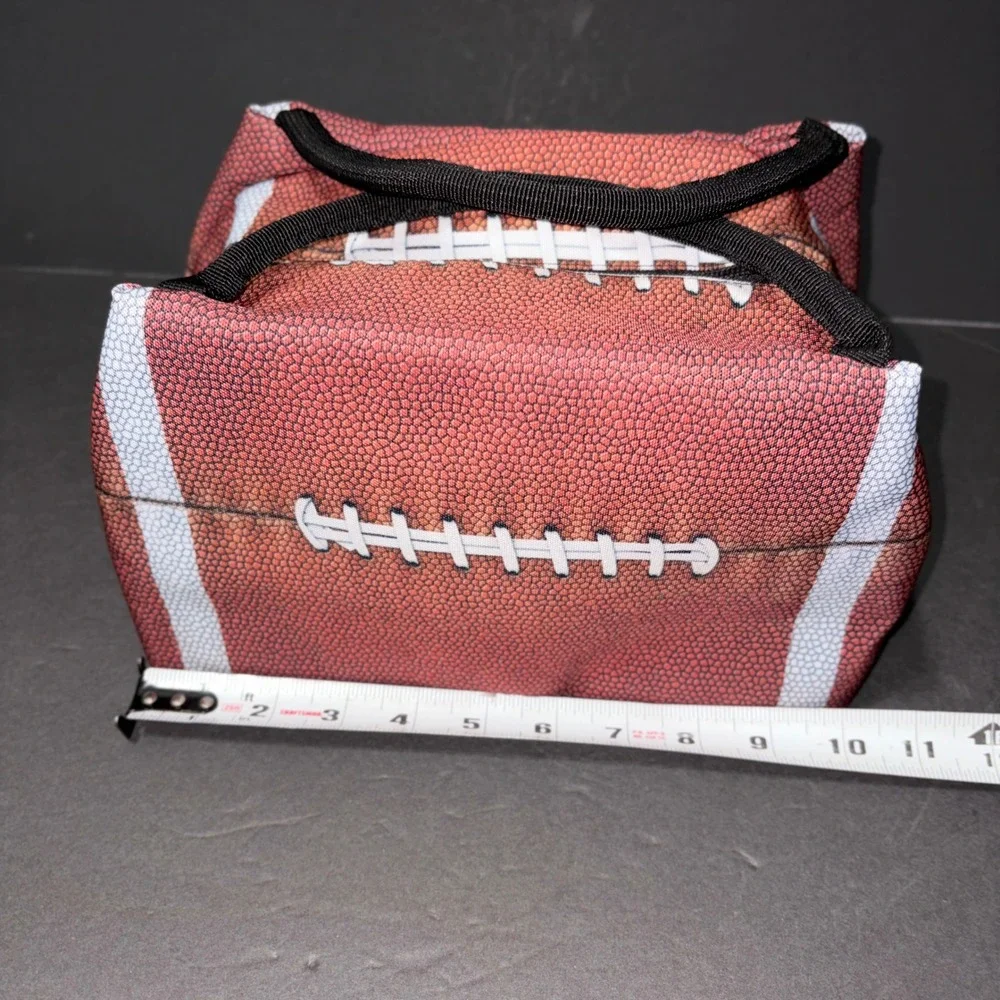 Football Print Insulated Lunch Bag Brown Sports Tailgate Cooler Zippered Case